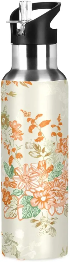 Vintage Bouquets Sports Water Bottle with Straw, 22oz BPA Free Stainless Steel Vacuum Insulated Bottle for Gym Fitness Outdoor