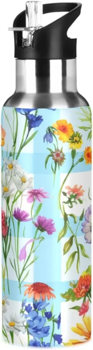 Vintage Floral Sports Water Bottle with Straw, 22oz BPA Free Stainless Steel Vacuum Insulated Bottle for Gym Fitness Outdoor