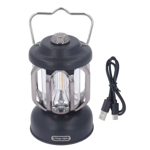 Vintage Lantern, LED Battery Powered Camping Lamp,Rechargeable LED Light with Type C Charging, 3 Dimmable Modes, and Waterproof Design,Ideal for Tents, Patios, and Outdoor (Black)