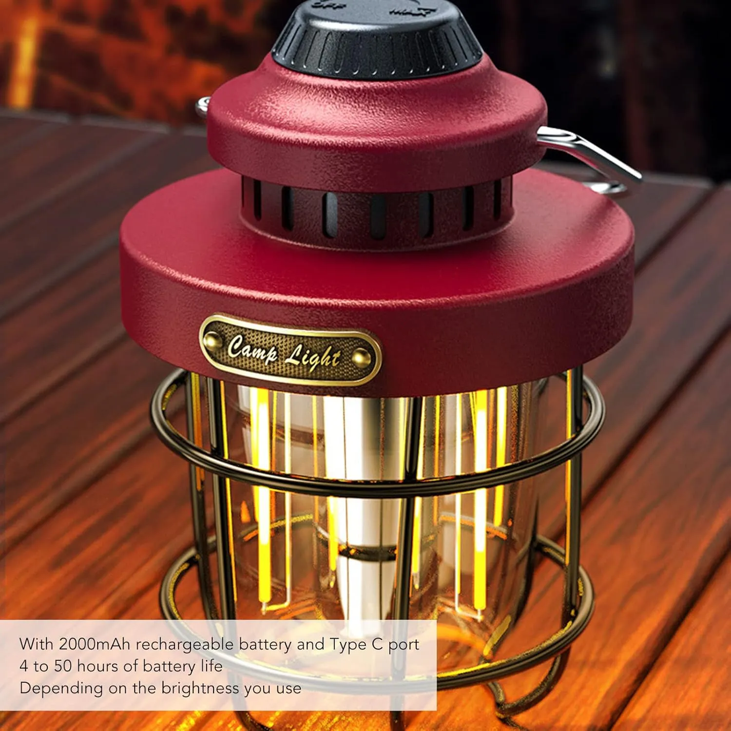 Vintage LED Camping Lantern, Dimmable Rotation Gear, and Dropproof, Rechargeable Tent Light with Soft Light for Reading, Protected by Lampshade and Hanging Buckle (Red)