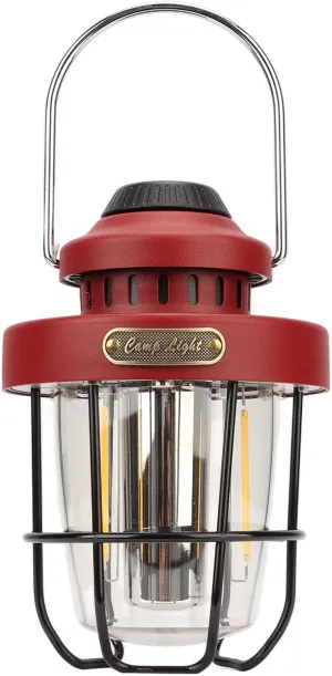 Vintage LED Camping Lantern, Dimmable Rotation Gear, and Dropproof, Rechargeable Tent Light with Soft Light for Reading, Protected by Lampshade and Hanging Buckle (Red)