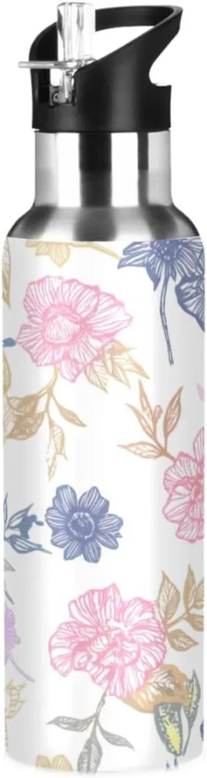 Vintage Sketch Flower Sports Water Bottle with Straw, 22oz BPA Free Stainless Steel Vacuum Insulated Bottle for Gym Fitness Outdoor