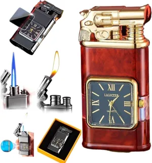 Vintage Watch Gun Type Lighter, Windproof Dual Flame Jet Flame and Soft FlameTorch Lighter, Refillable Butane Cool Men's Gifts Lighters, for Outdoor, Camping (Color : Red)