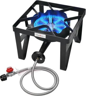 Vivicreate Propane Gas Stove, 185000 BTU High Pressure Outdoor Camping Stove with Regulator, Cast Iron Burner, CSA listed regulator and gas hose,Black (Normal)