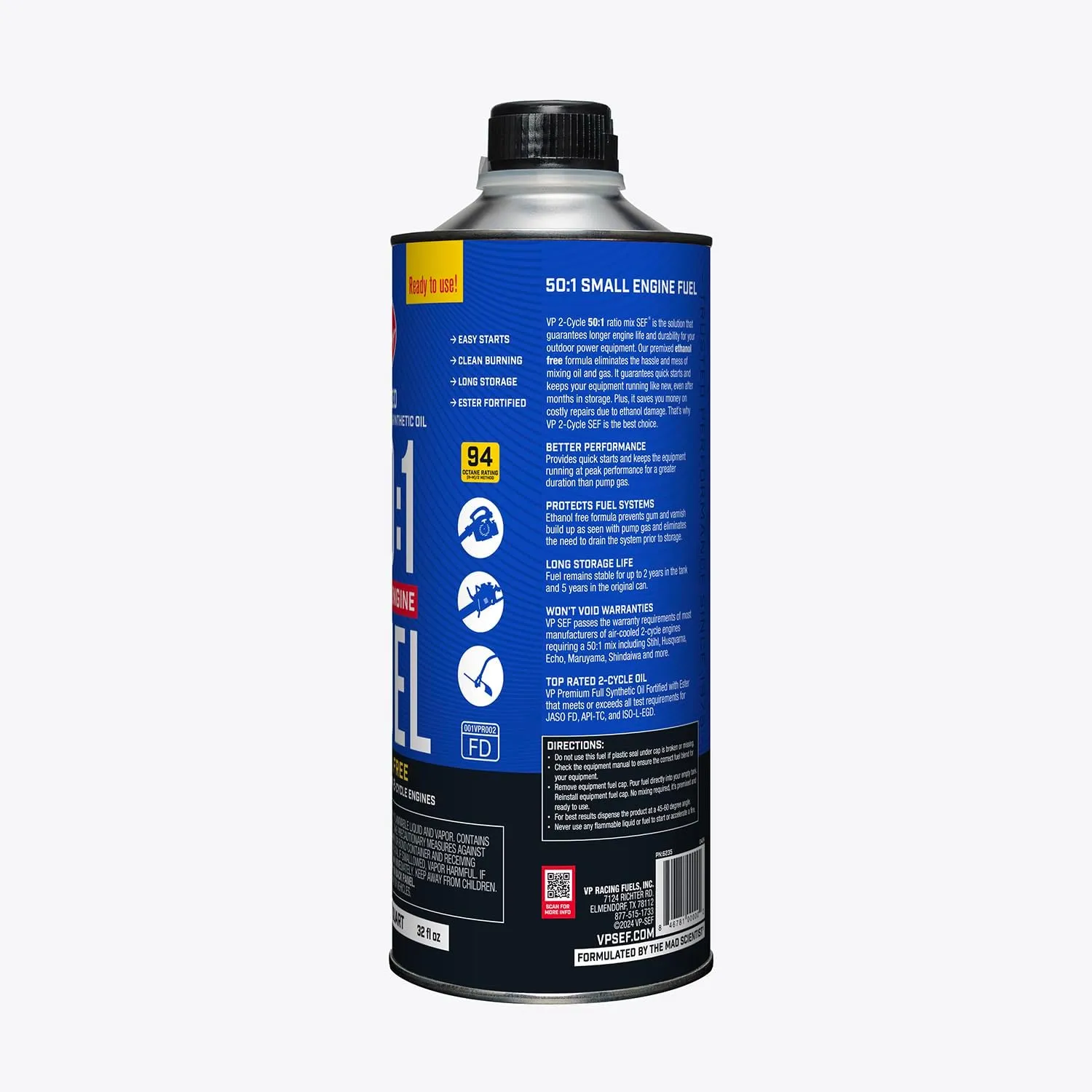 VP Racing Fuels 6235 SEF 50:1 Premixed 2-Cycle Small Engine Fuel, 1 Quart