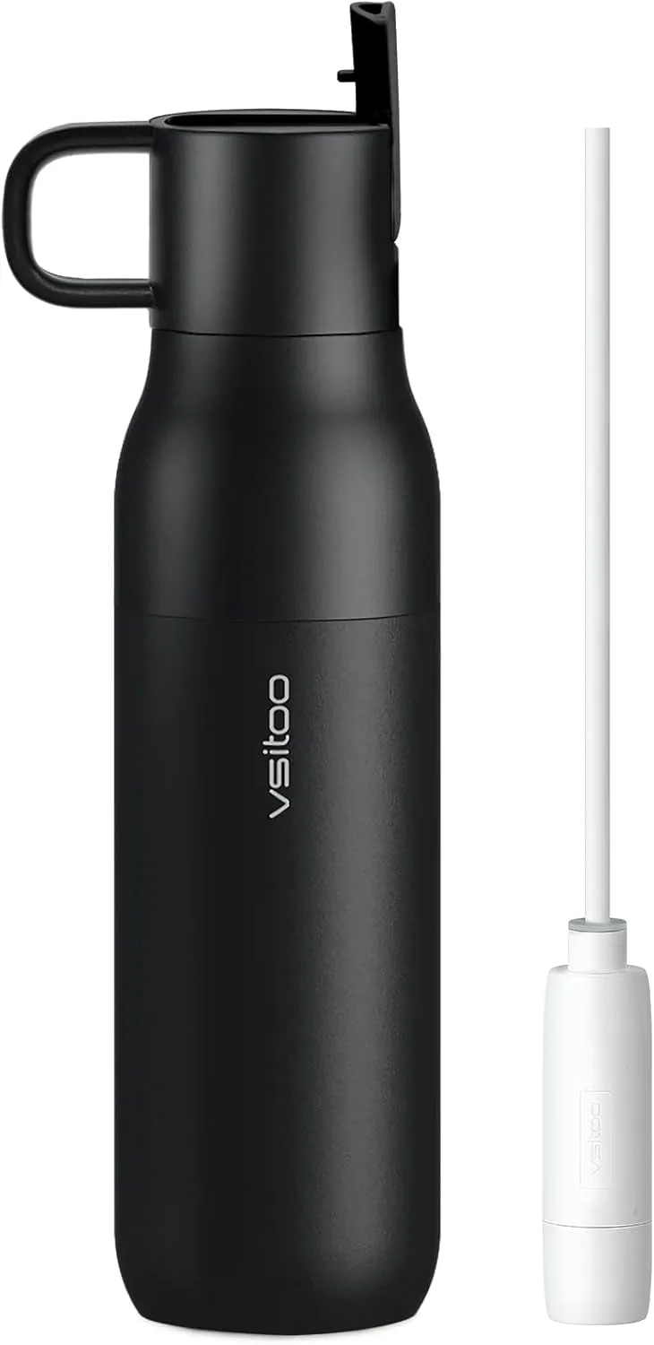 VSITOO CarbonFiber Filtered Water Bottle with Straw, Insulated Stainless Steel Water Filter Bottle, BPA-Free Portable Reusable Filter Water Bottle, 25oz Black