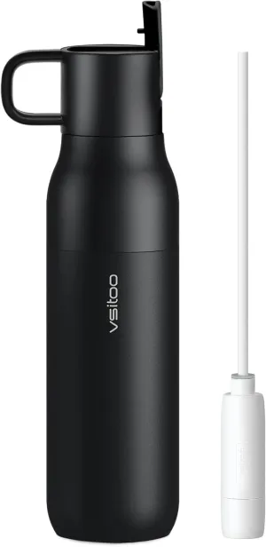 VSITOO CarbonFiber Filtered Water Bottle with Straw, Insulated Stainless Steel Water Filter Bottle, BPA-Free Portable Reusable Filter Water Bottle, 25oz Black