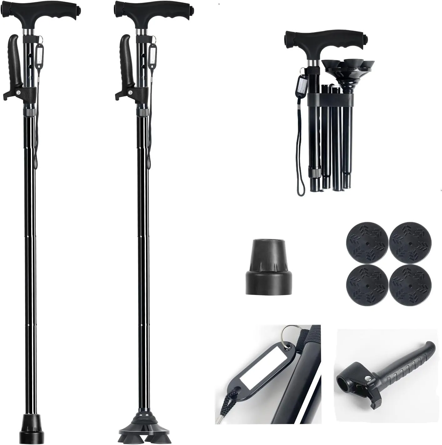Walking Canes for Senior Women for Balance, Walking Sticks with Second Handle for Leg Injuries Standing, Folding Cane for Men with Adjustable Led Light, Extra Supply Replacement Accessories