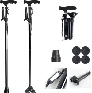 Walking Canes for Senior Women for Balance, Walking Sticks with Second Handle for Leg Injuries Standing, Folding Cane for Men with Adjustable Led Light, Extra Supply Replacement Accessories