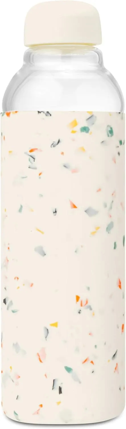 W&P Porter Glass Water Bottle w/ Protective Silicone Sleeve | Terazzo Cream 20 Ounces | On-the-Go | Reusable Bottle for Coffee, Tea and Water | Portable
