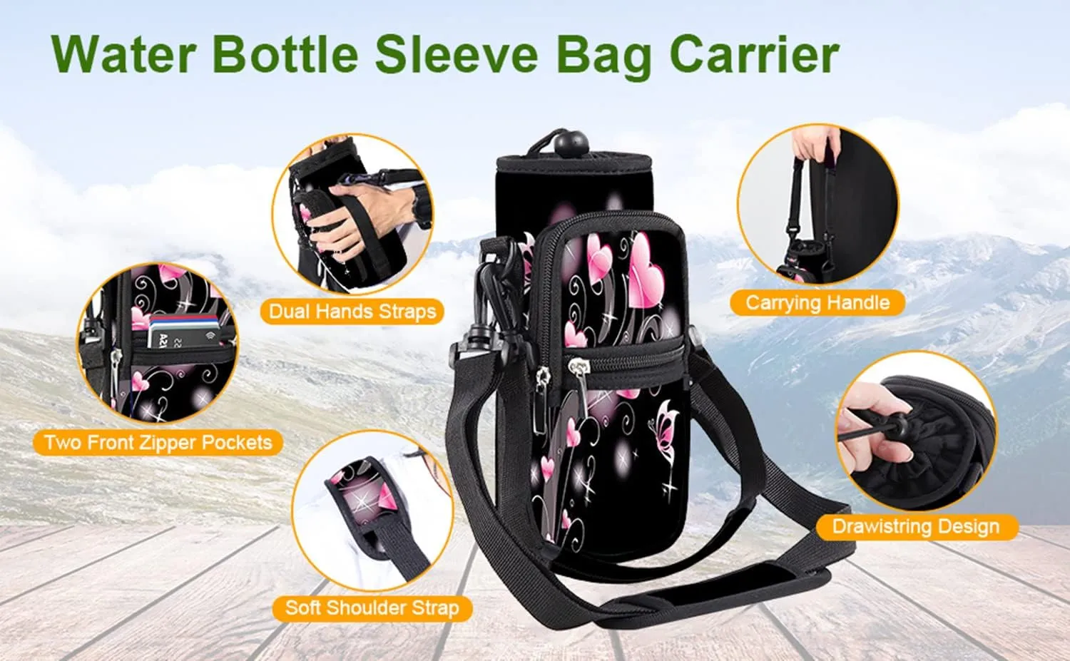 Water Bottle Carrier Bag Holder 25oz 32oz 40oz 64oz Insulated Water Bottle Sling Sleeve Case Cover with Strap Pockets