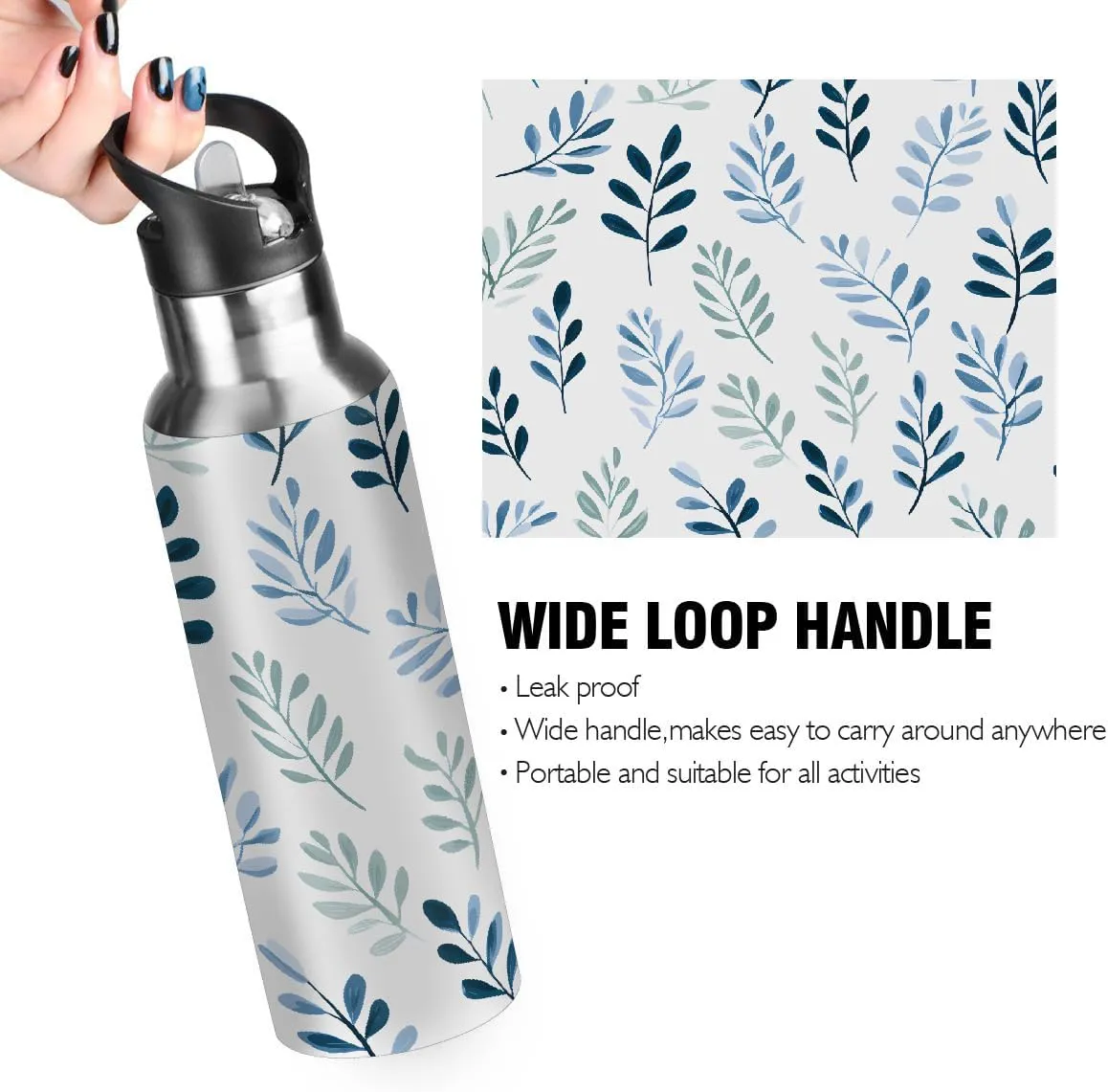 Water Bottle Stainless Steel, Leaves Insulated Sports Bottle with Straw, BPA Free Reusable Bottles for Fitness, Travel & Outdoor Activities