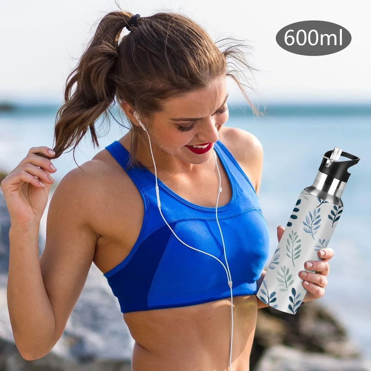 Water Bottle Stainless Steel, Leaves Insulated Sports Bottle with Straw, BPA Free Reusable Bottles for Fitness, Travel & Outdoor Activities