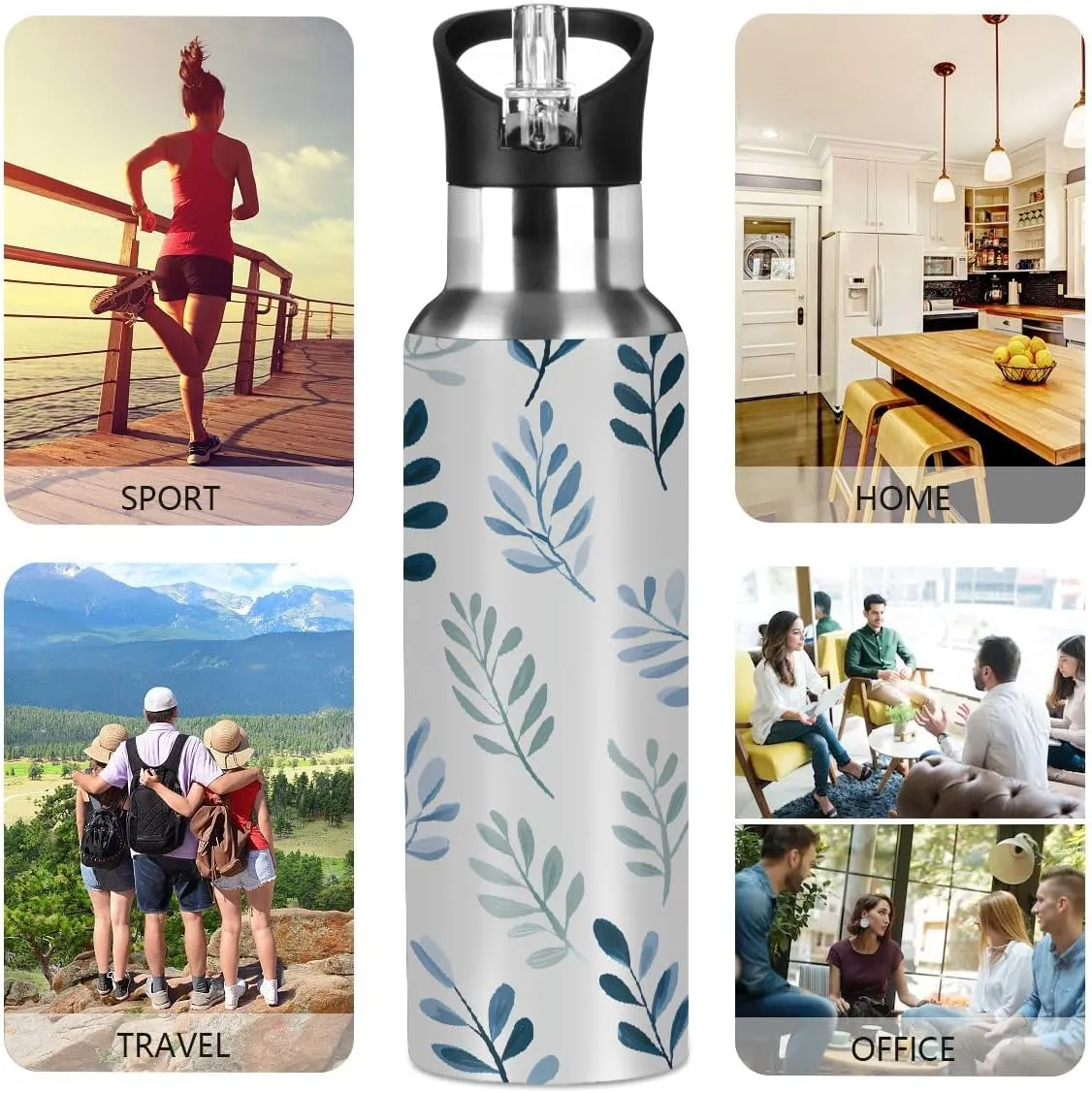 Water Bottle Stainless Steel, Leaves Insulated Sports Bottle with Straw, BPA Free Reusable Bottles for Fitness, Travel & Outdoor Activities