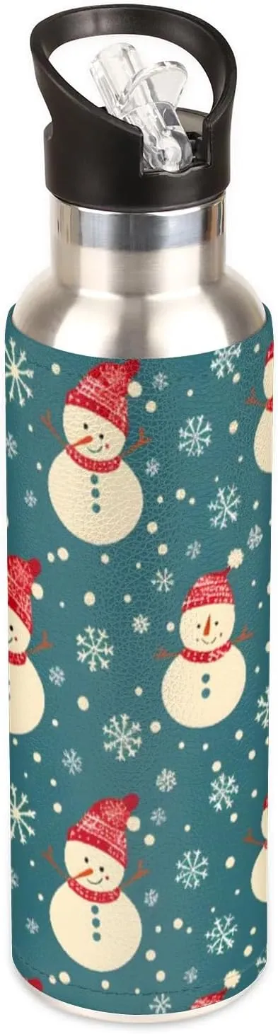 Water Bottle with Straw Lid Insulated Stainless Steel Thermos Reusable Leak Proof Flask for Sports Gym Cute Christmas Snowman