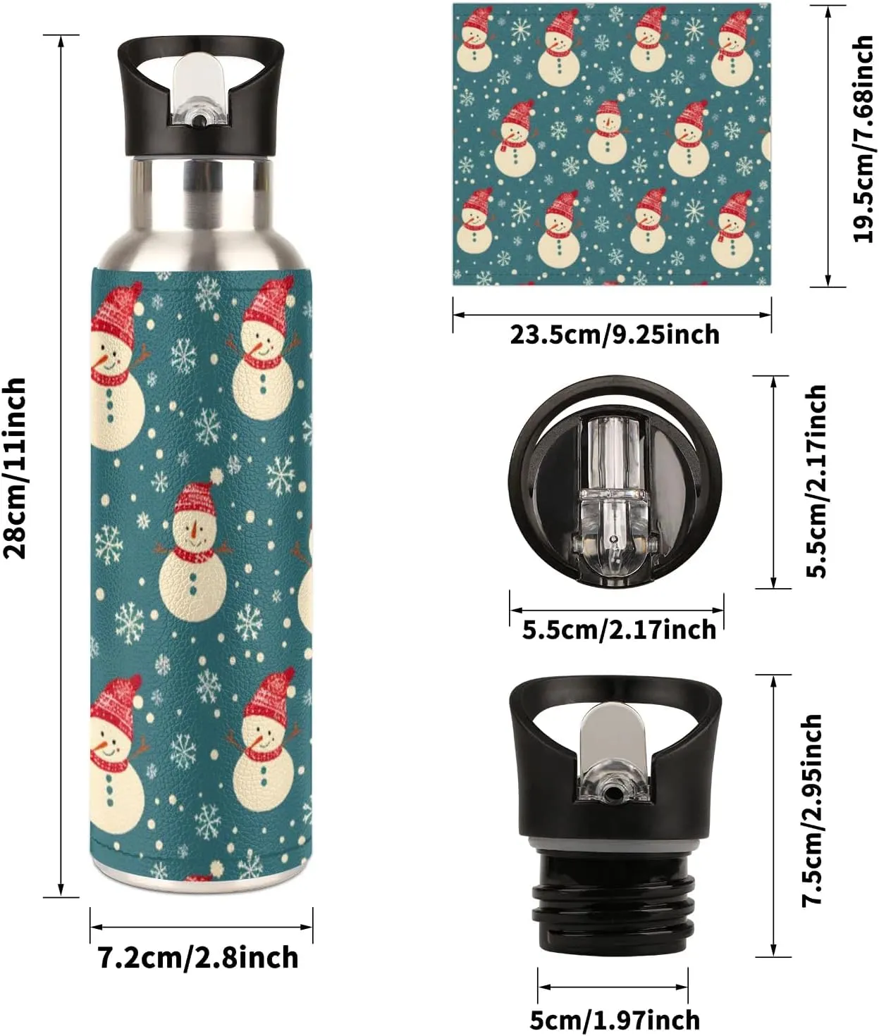 Water Bottle with Straw Lid Insulated Stainless Steel Thermos Reusable Leak Proof Flask for Sports Gym Cute Christmas Snowman