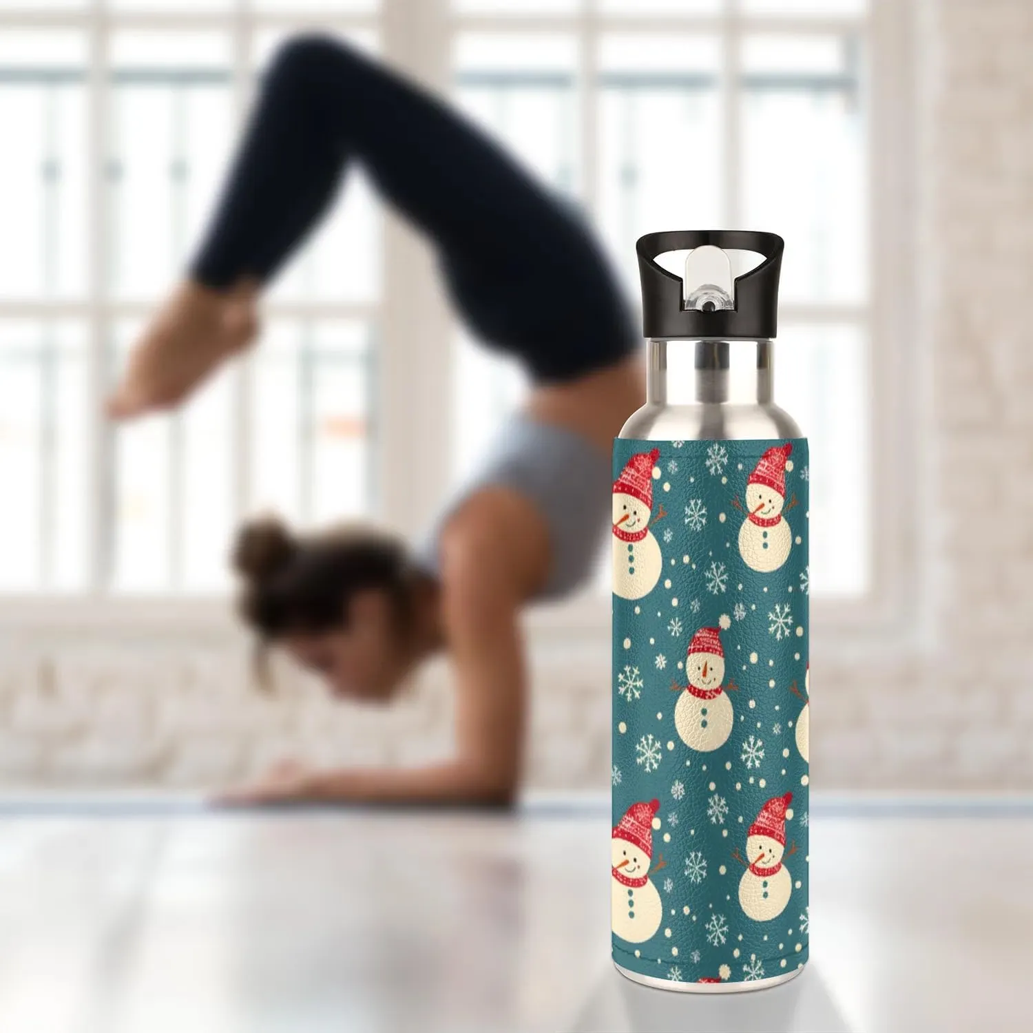 Water Bottle with Straw Lid Insulated Stainless Steel Thermos Reusable Leak Proof Flask for Sports Gym Cute Christmas Snowman