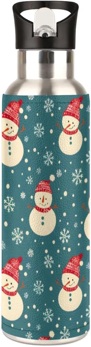 Water Bottle with Straw Lid Insulated Stainless Steel Thermos Reusable Leak Proof Flask for Sports Gym Cute Christmas Snowman