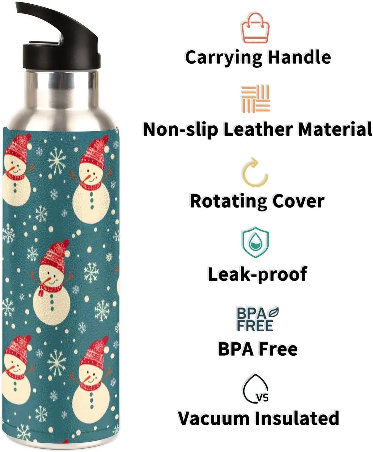 Water Bottle with Straw Lid Insulated Stainless Steel Thermos Reusable Leak Proof Flask for Sports Gym Cute Christmas Snowman
