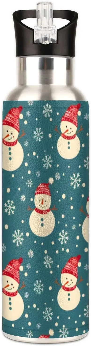 Water Bottle with Straw Lid Insulated Stainless Steel Thermos Reusable Leak Proof Flask for Sports Gym Cute Christmas Snowman