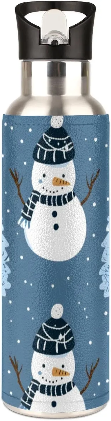 Water Bottle with Straw Lid Insulated Stainless Steel Thermos Reusable Leak Proof Flask for Sports Gym Snowman Xmas Tree
