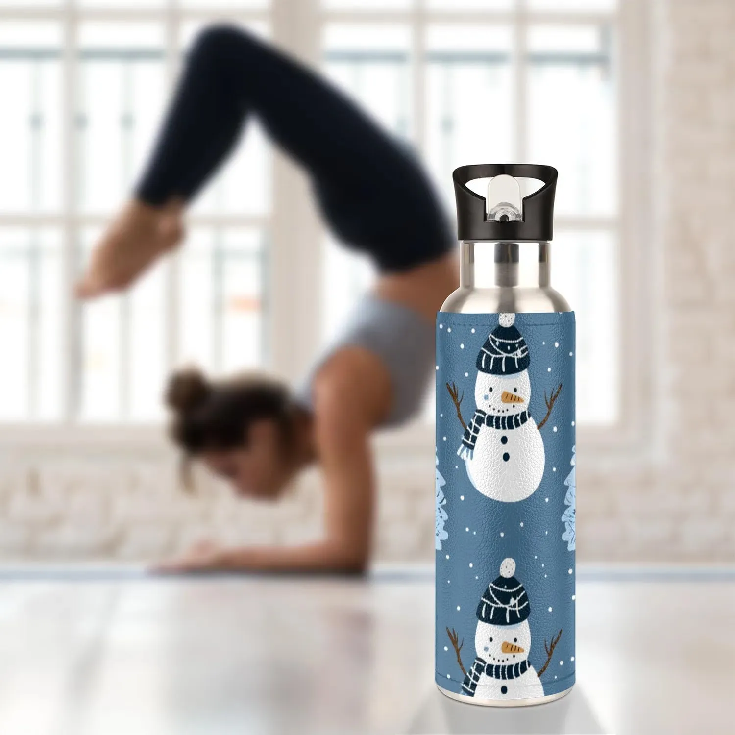Water Bottle with Straw Lid Insulated Stainless Steel Thermos Reusable Leak Proof Flask for Sports Gym Snowman Xmas Tree