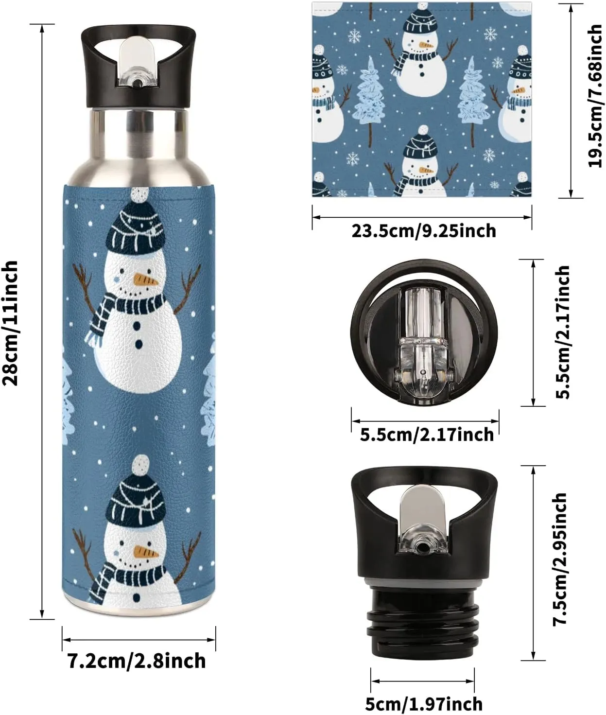 Water Bottle with Straw Lid Insulated Stainless Steel Thermos Reusable Leak Proof Flask for Sports Gym Snowman Xmas Tree