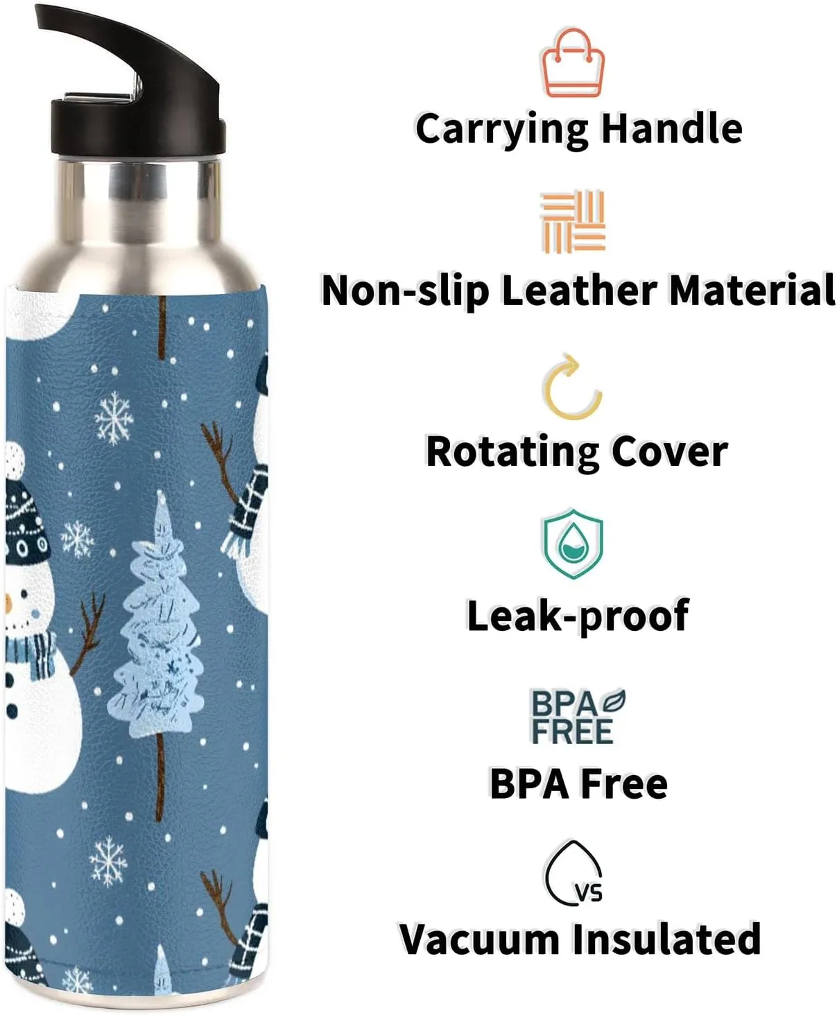 Water Bottle with Straw Lid Insulated Stainless Steel Thermos Reusable Leak Proof Flask for Sports Gym Snowman Xmas Tree