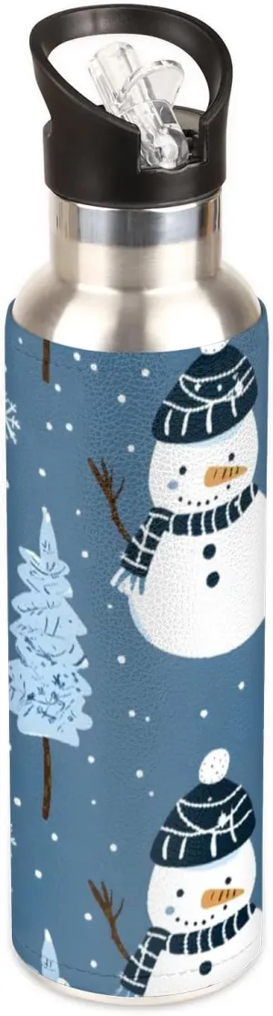 Water Bottle with Straw Lid Insulated Stainless Steel Thermos Reusable Leak Proof Flask for Sports Gym Snowman Xmas Tree