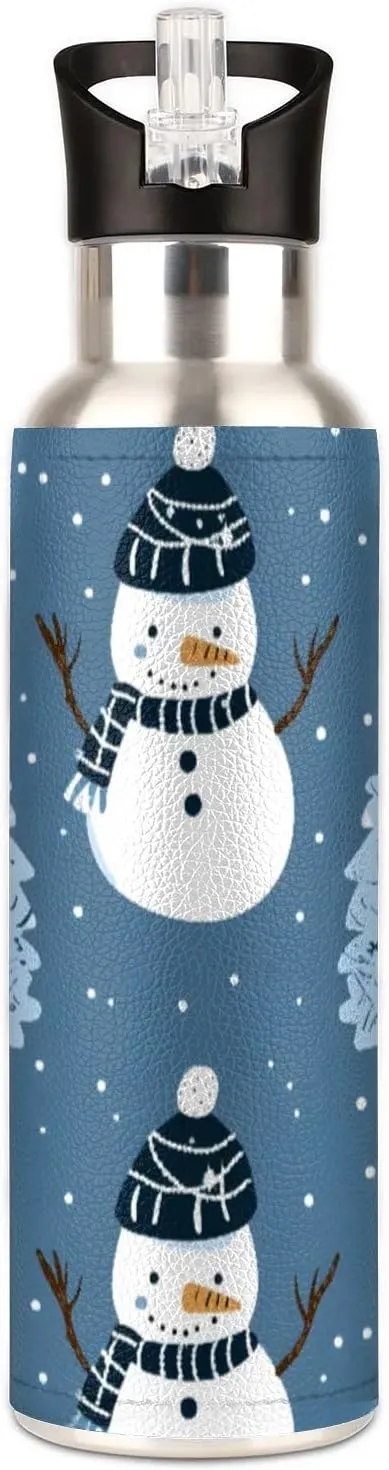 Water Bottle with Straw Lid Insulated Stainless Steel Thermos Reusable Leak Proof Flask for Sports Gym Snowman Xmas Tree