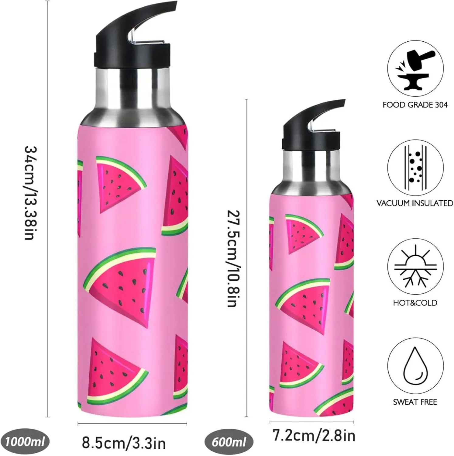 Watermelon Sports Water Bottle with Straw, 22oz BPA Free Stainless Steel Vacuum Insulated Bottle for Gym Fitness Outdoor
