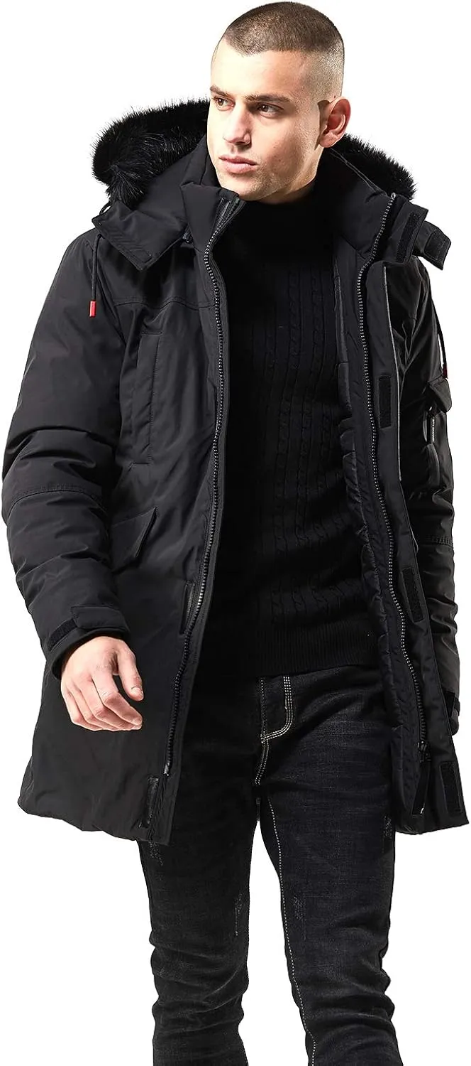 WEEN CHARM Men's Warm Parka Ski Jacket Water Resistant Puffer Jacket Long Winter Coat with Removable Faux Fur Hood