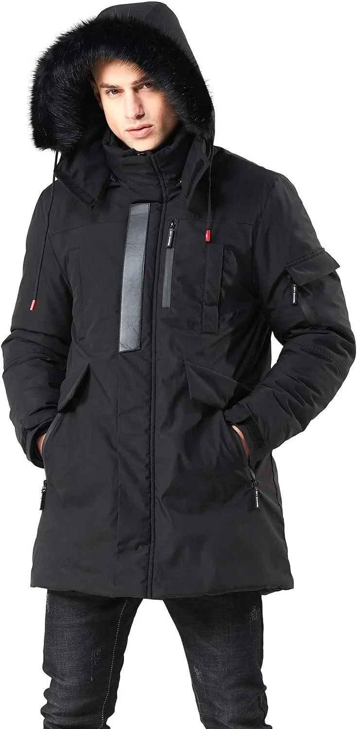WEEN CHARM Men's Warm Parka Ski Jacket Water Resistant Puffer Jacket Long Winter Coat with Removable Faux Fur Hood