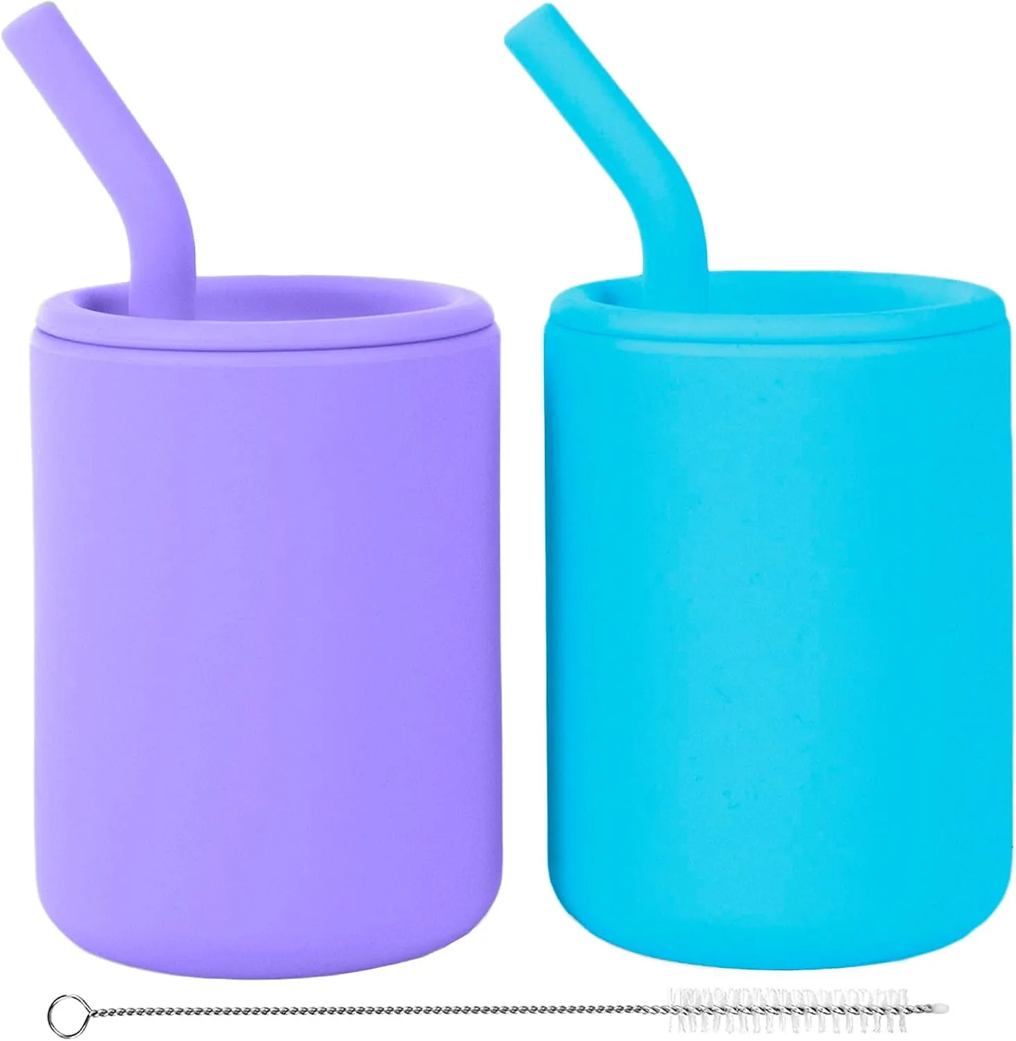 WeeSprout Silicone Baby Cups With Straws and Lids, 4 & 8 oz Options, Set of 2, Food Grade Toddler Training Container, Built In Straw Stoppers, Measurement Markings, Dishwasher Safe   Straw Cleaner