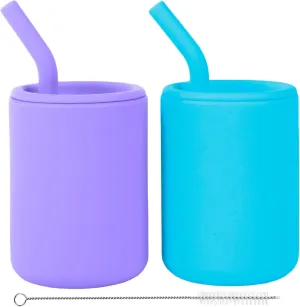 WeeSprout Silicone Baby Cups With Straws and Lids, 4 & 8 oz Options, Set of 2, Food Grade Toddler Training Container, Built In Straw Stoppers, Measurement Markings, Dishwasher Safe   Straw Cleaner