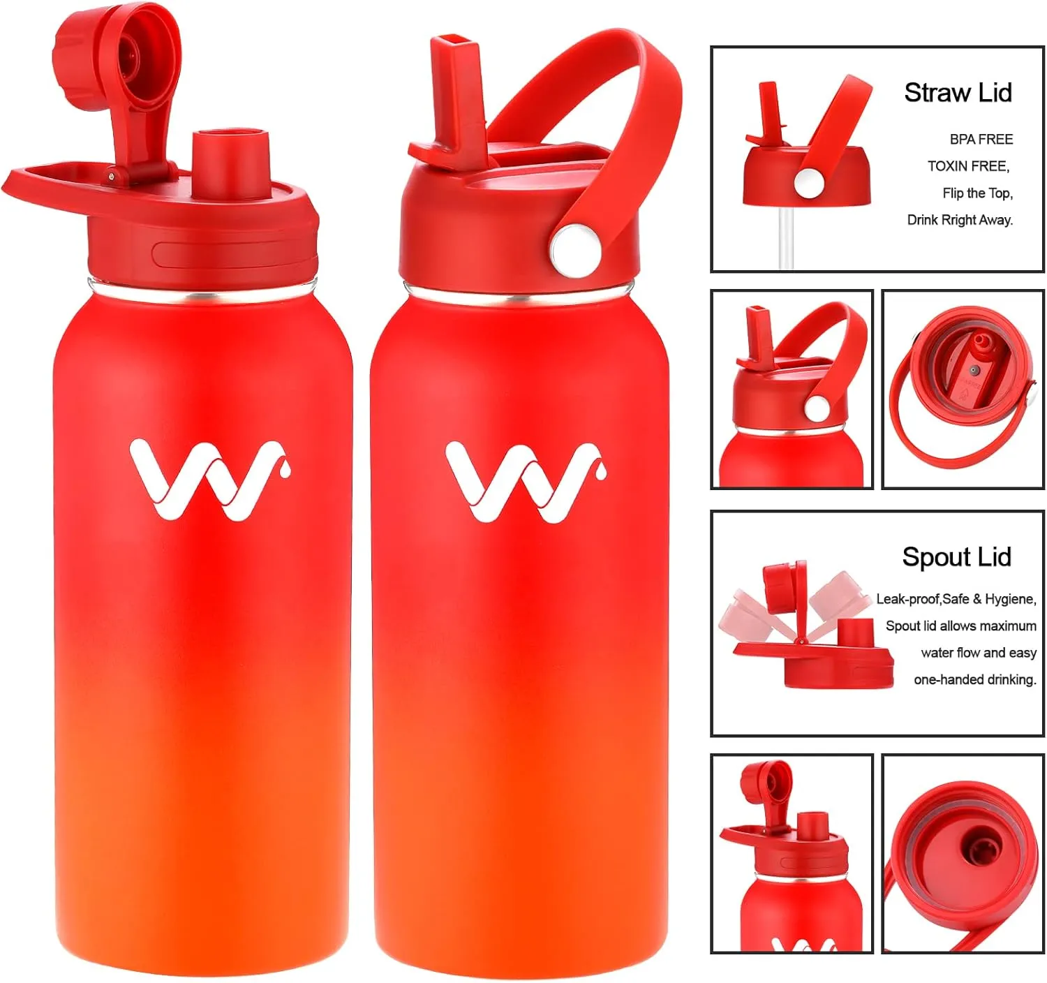 WEREWOLVES Insulated Water Bottle With Paracord Handles & Strap & Straw Lid & Spout Lid,Reusable Wide Mouth Vacuum Stainless Steel Water Bottle for Adults 24 oz, 32 oz, 40 oz