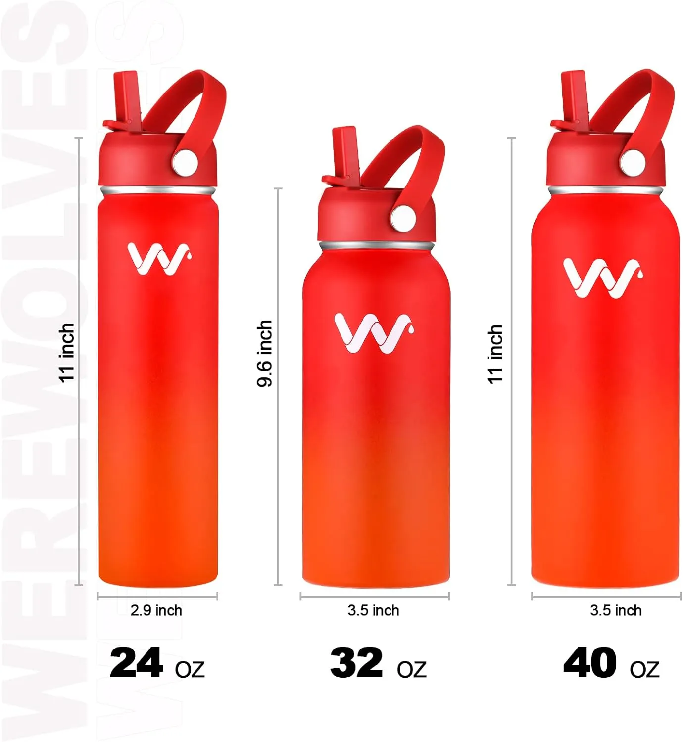 WEREWOLVES Insulated Water Bottle With Paracord Handles & Strap & Straw Lid & Spout Lid,Reusable Wide Mouth Vacuum Stainless Steel Water Bottle for Adults 24 oz, 32 oz, 40 oz