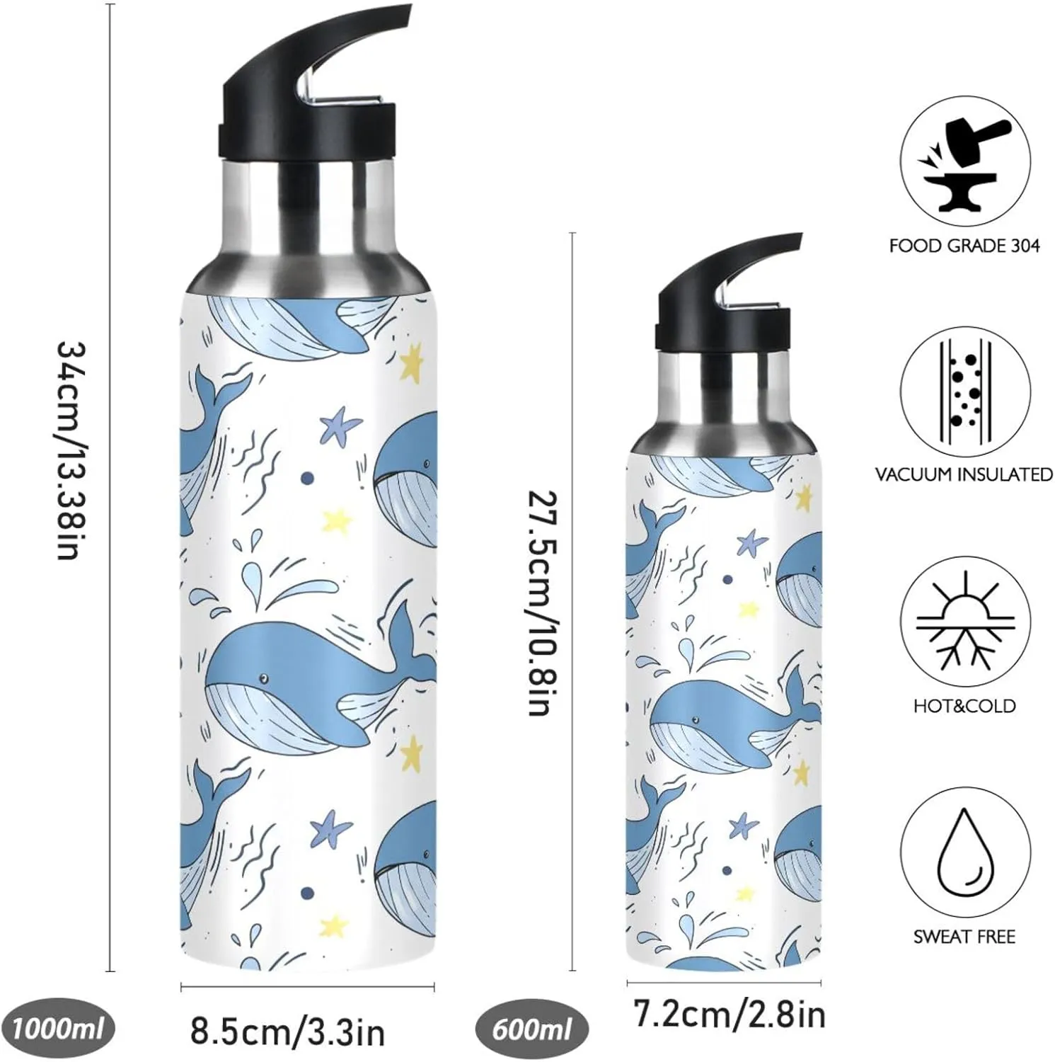 Whales Sports Water Bottle with Straw, 22oz BPA Free Stainless Steel Vacuum Insulated Bottle for Gym Fitness Outdoor