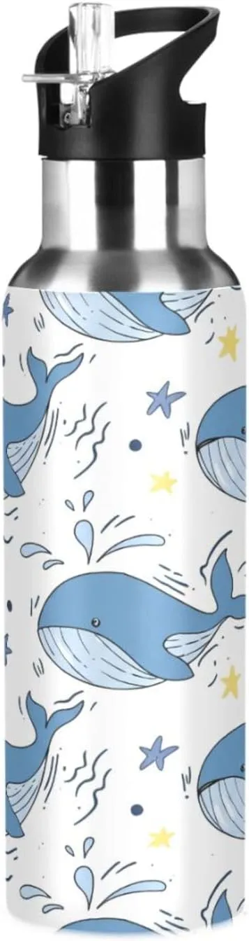 Whales Sports Water Bottle with Straw, 22oz BPA Free Stainless Steel Vacuum Insulated Bottle for Gym Fitness Outdoor