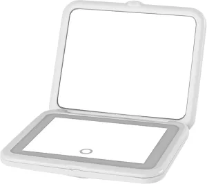 White Compact Diamond Pattern LED Makeup Mirror – 5X Magnification, 3-Color Touch Light, Portable & Rechargeable