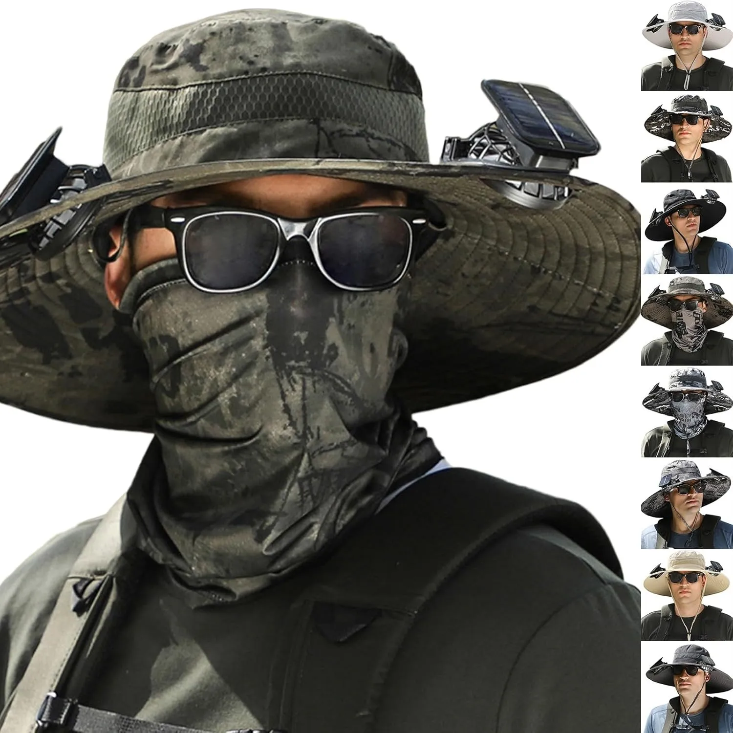 Wide Brim Solar Fan Outdoor Hat, UPF 50  Solar Power Fan Bucket Hats for Beach Outdoor Hiking Fishing Camping