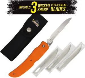 Wiebe Tala Folding Hunting Knife with Sheath & 3 Extra Surgical Style 4" Blades – Wicked Sharp Replaceable Blade System, High-Vis Orange Non-Slip Grip, Locking – EDC, Deer, Big Game, Hunting Knife