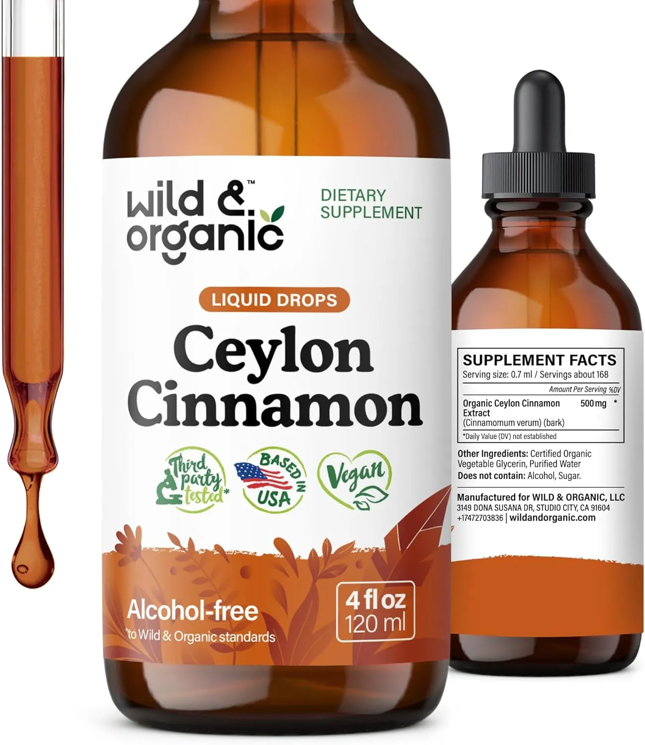 Wild & Organic Ceylon Cinnamon Tincture 500 mg - Liquid Cinnamon Supplements for Overall Support - Cinnamomum Verum Bark Extract - Vegan, Sugar & Alcohol-Free, Non-GMO - 4 fl oz