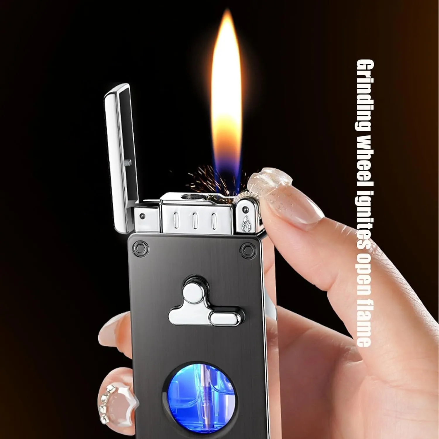 Windproof Butane Lighter Dual Flame Direct Blue and Open Refillable Gas Portable(#8951de)