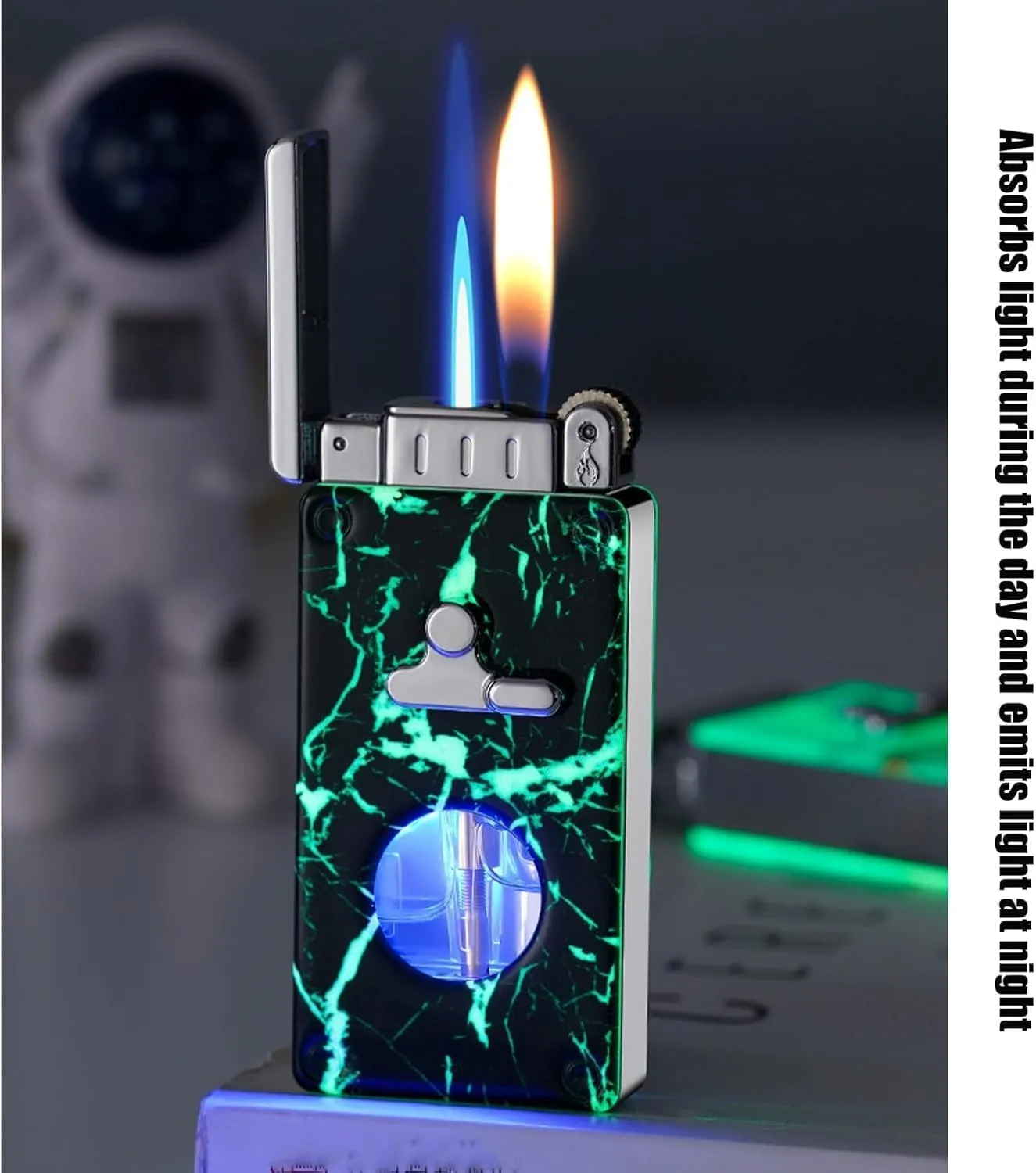 Windproof Butane Lighter Dual Flame Direct Blue and Open Refillable Gas Portable(#8951de)