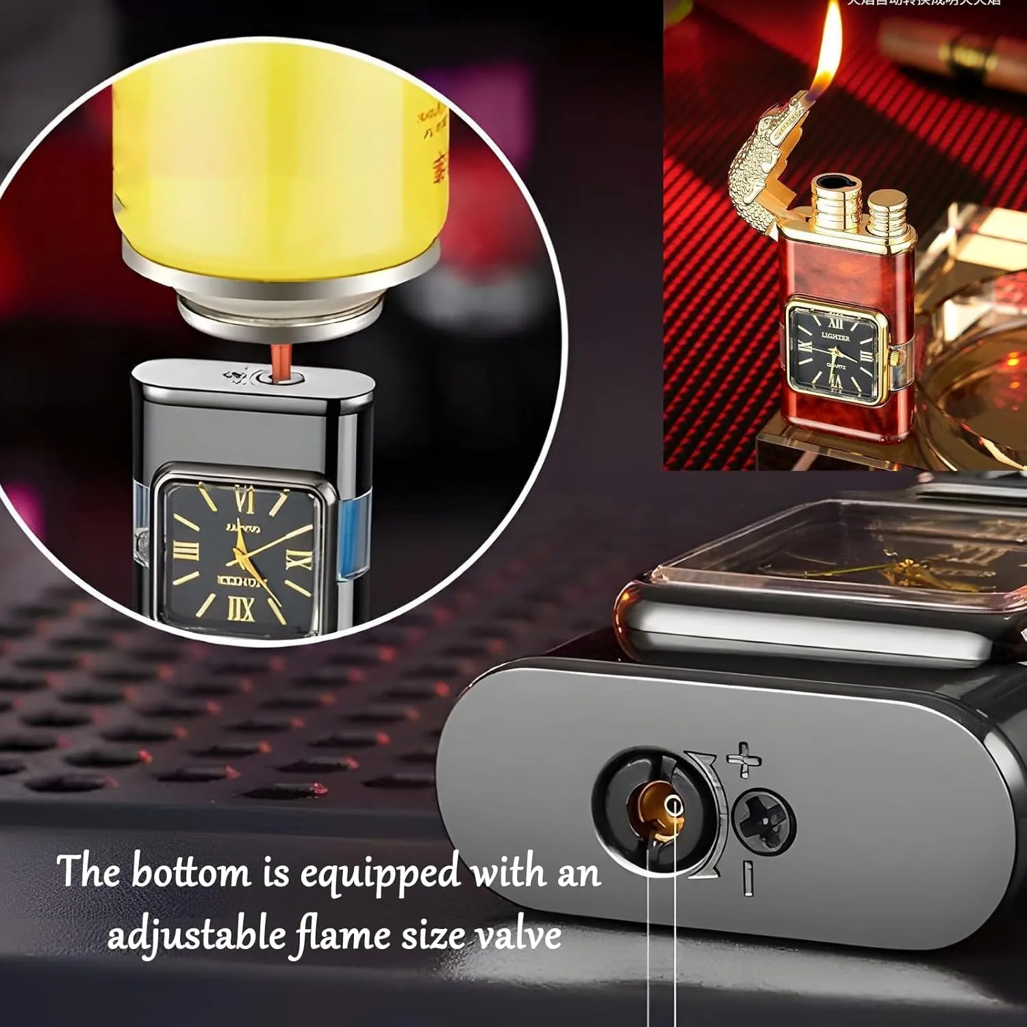 Windproof Dual-Flame Vintage Watch Lighter, Lighter Watch Combo Jet Flame Torch, Refillable Lighter & Adjustable Flame, 2025 New Luxurious Animal Head Lighter with Dragon, Horse (E,Red)