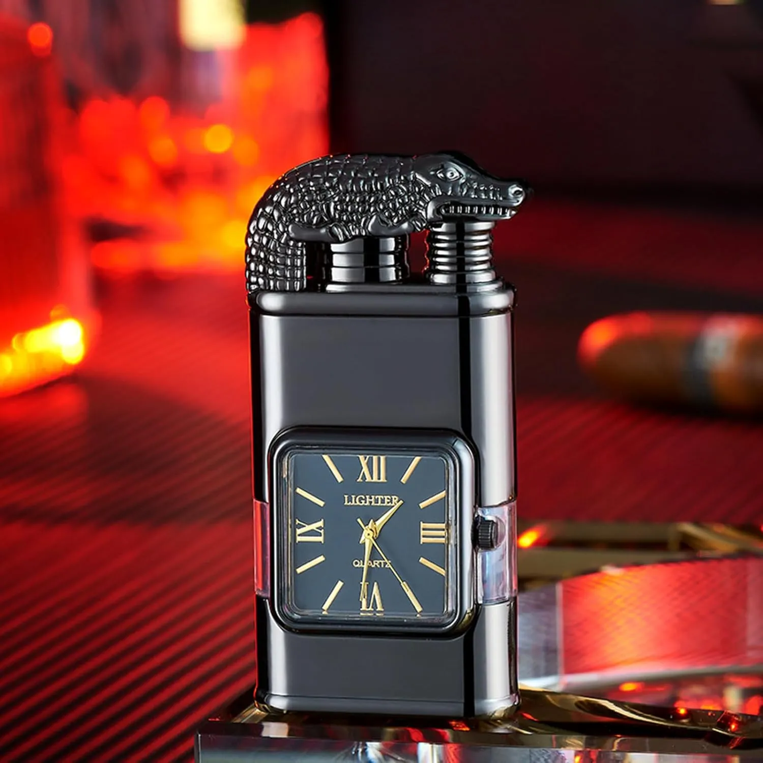 Windproof Dual-Flame Vintage Watch Lighter, Lighter Watch Combo Jet Flame Torch, Refillable Lighter & Adjustable Flame, 2025 New Luxurious Animal Head Lighter with Dragon, Horse (E,Red)