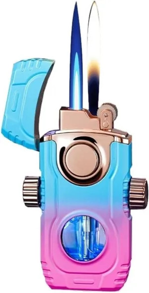 Windproof Torch Dual Flame Butane Lighter with Visible Fuel Window and Switchable Flame for Outdoor Camping(Blue)