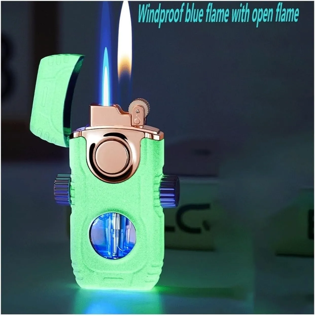 Windproof Torch Dual Flame Butane Lighter with Visible Fuel Window and Switchable Flame for Outdoor Camping(Blue)