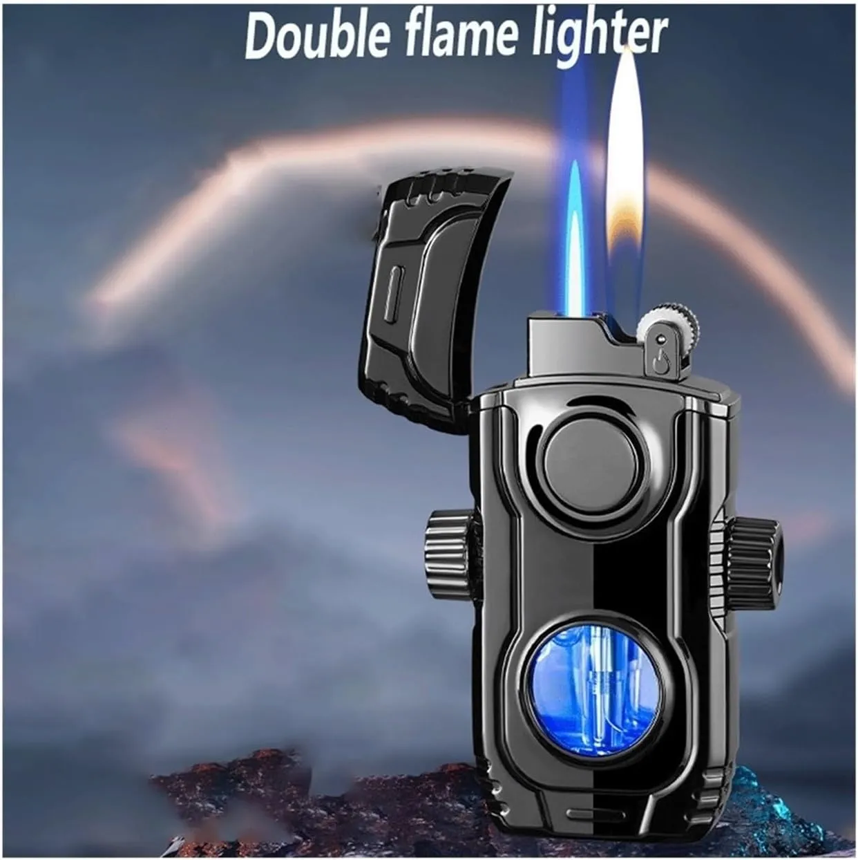 Windproof Torch Dual Flame Butane Lighter with Visible Fuel Window and Switchable Flame for Outdoor Camping(Blue)